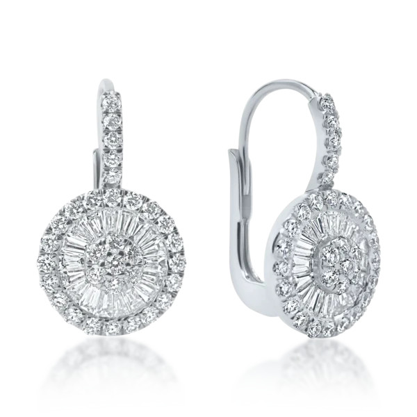 Cercei din aur alb cu diamante baguette si rotunde microsetting de 1.2ct