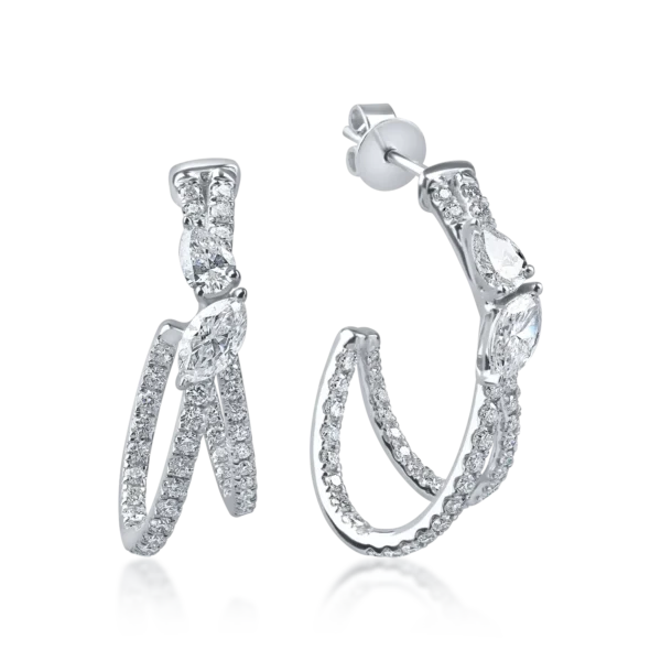 Cercei din aur alb cu diamante marquise, pear si rotunde microsetting de 1.8ct