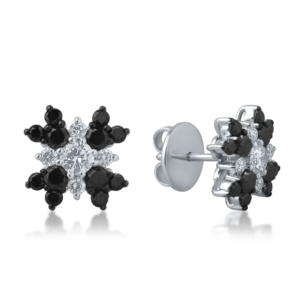 Cercei din aur alb cu diamante transparente de 0.55ct si diamante negre de 1.12ct