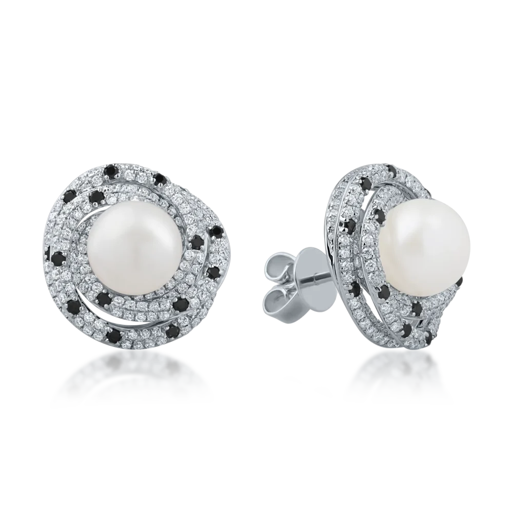 Cercei din aur alb cu perle de cultura de 1.9ct si diamante de 1.1ct