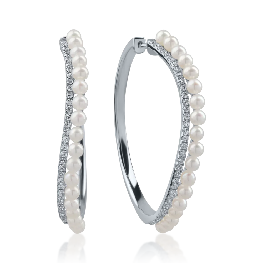 Cercei din aur alb cu perle de cultura de 5.04ct si diamante de 0.5ct