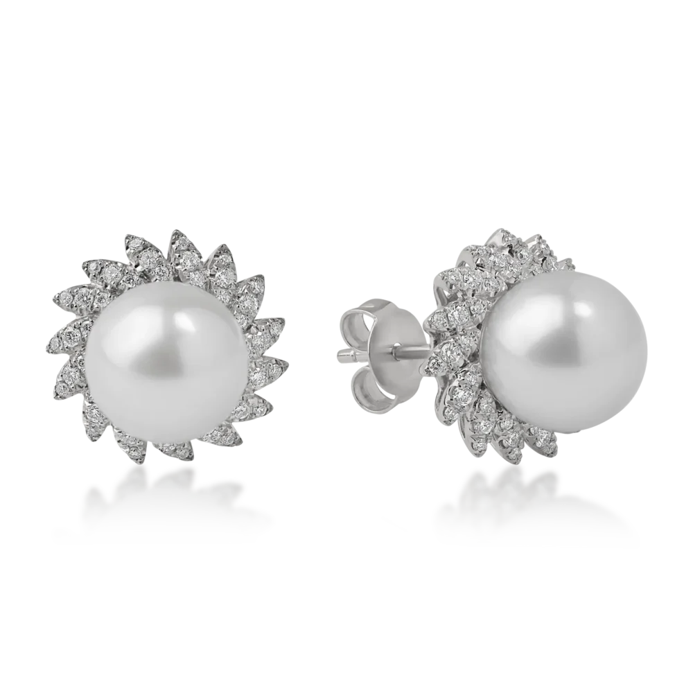 Cercei din aur alb cu perle de cultura de 7.6ct si diamante de 0.3ct