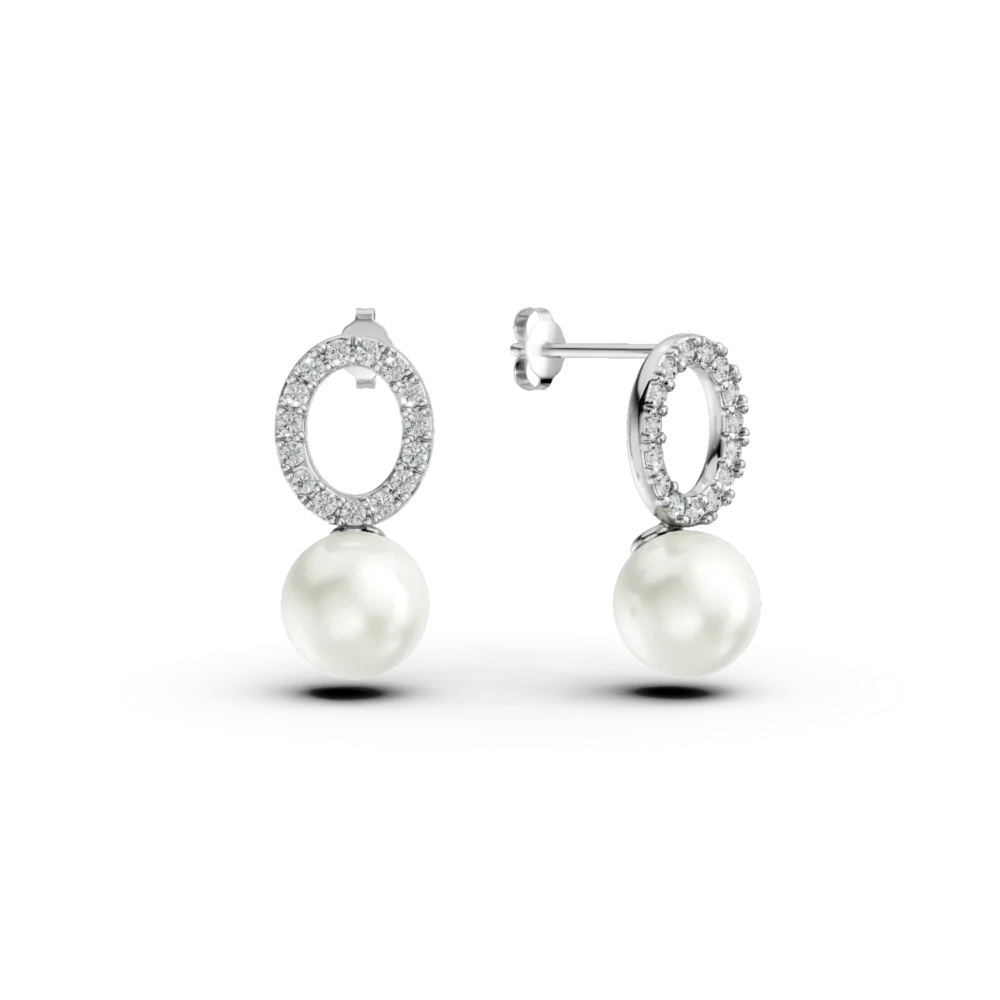 Cercei din aur alb cu perle sintetice si zirconii