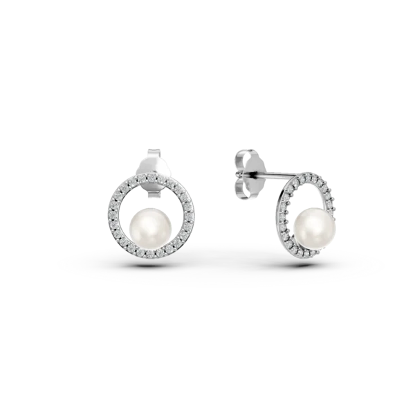 Cercei din aur alb cu perle sintetice si zirconii