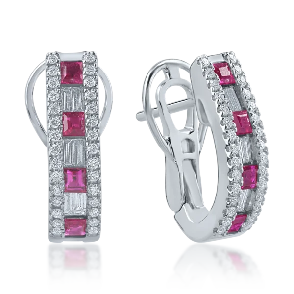 Cercei din aur alb cu rubine princess de 0.52ct si diamante baguette si rotunde de 0.44ct