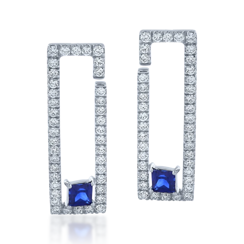 Cercei din aur alb cu safire princess de 0.55ct si diamante de 0.8ct - imagine 2
