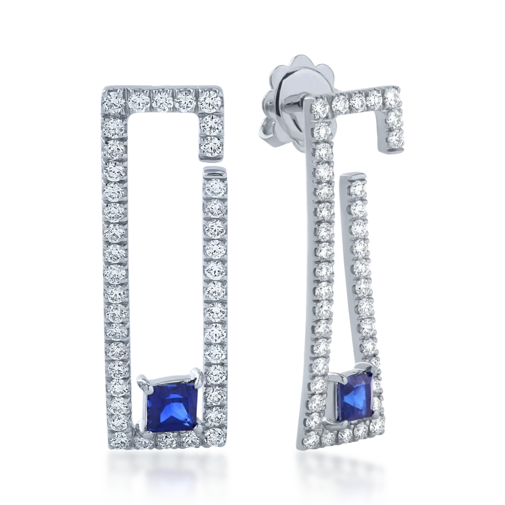 Cercei din aur alb cu safire princess de 0.55ct si diamante de 0.8ct