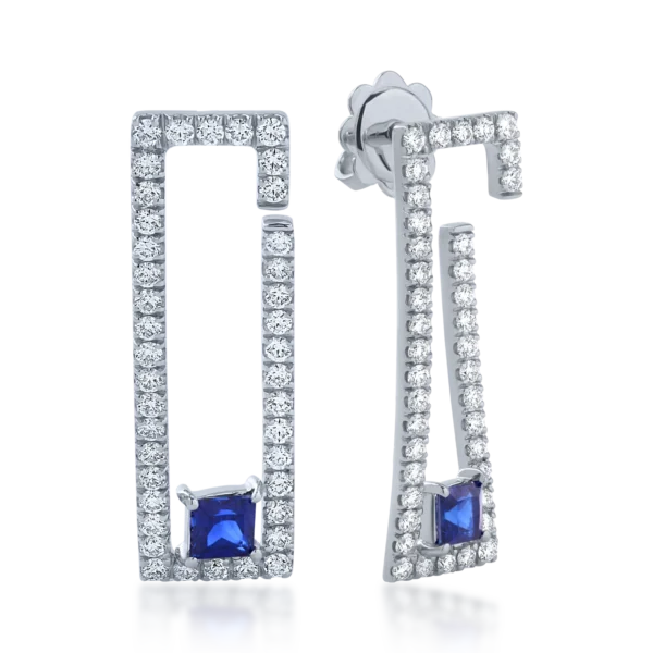 Cercei din aur alb cu safire princess de 0.55ct si diamante de 0.8ct