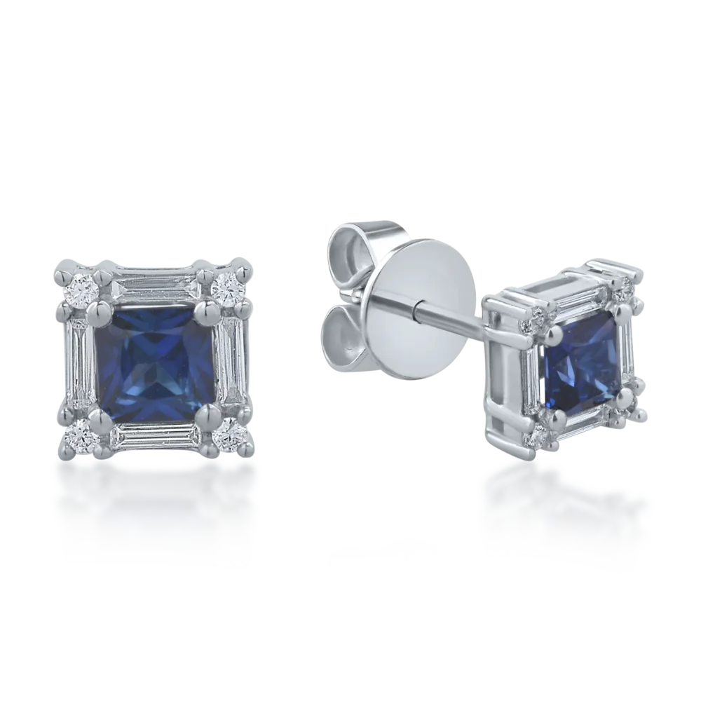 Cercei din aur alb cu safire princess de 0.6ct si diamante de 0.19ct