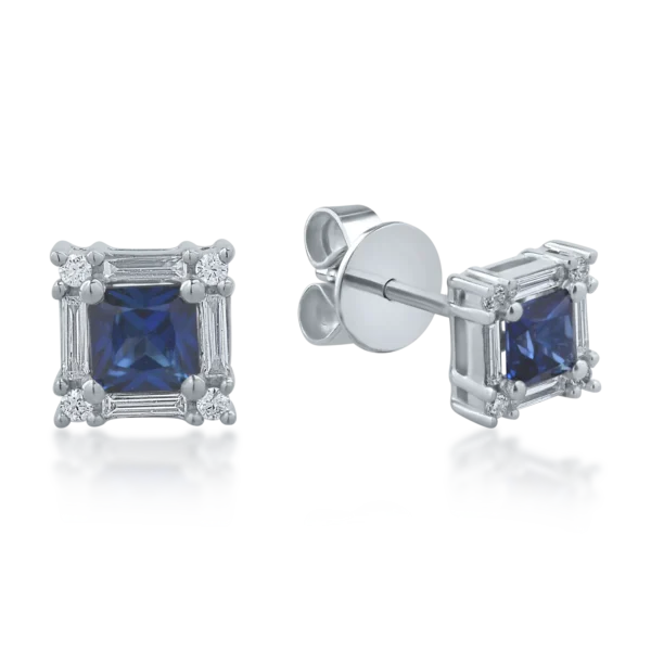 Cercei din aur alb cu safire princess de 0.6ct si diamante de 0.19ct