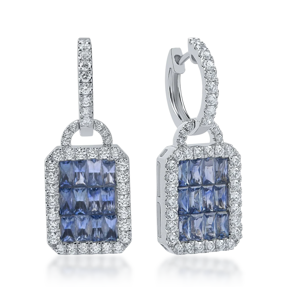 Cercei din aur alb cu safire octogonale de 3.55ct si diamante round de 1.23ct