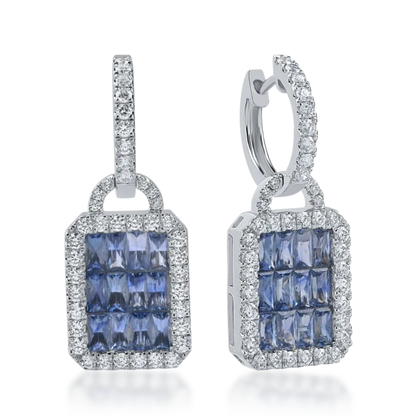 Cercei din aur alb cu safire octogonale de 3.55ct si diamante round de 1.23ct