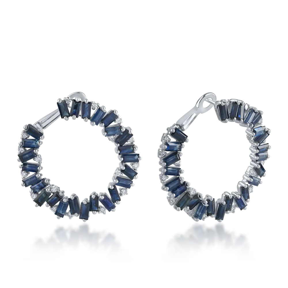 Cercei din aur alb cu safire baguette de 8.3ct si diamante rotunde de 0.48ct