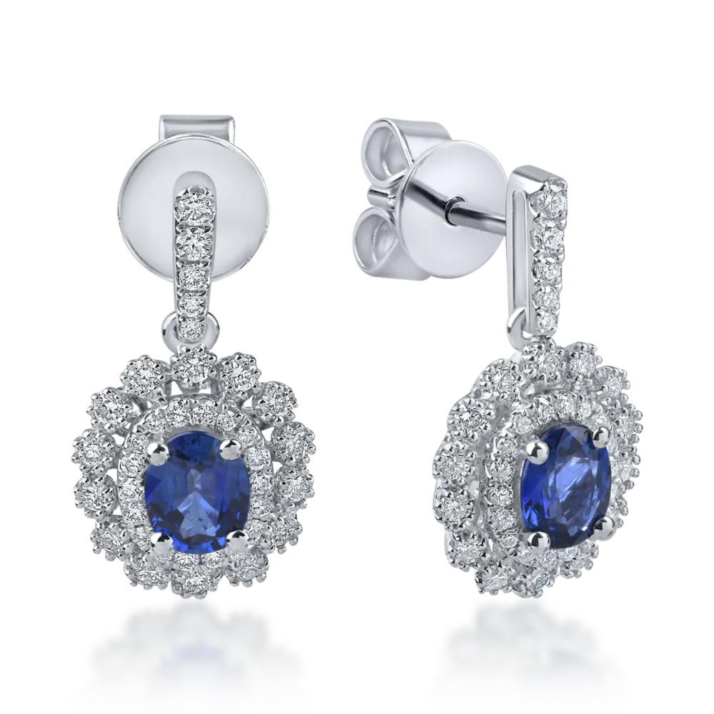 Cercei din aur alb cu safire ovale si diamante de 1.3ct