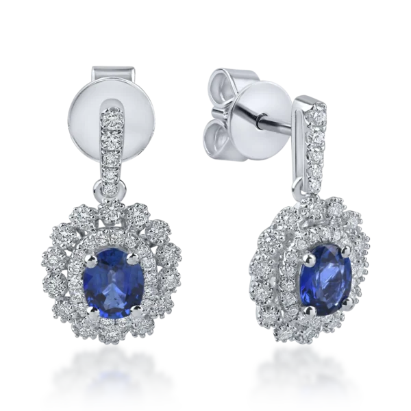 Cercei din aur alb cu safire ovale si diamante de 1.3ct