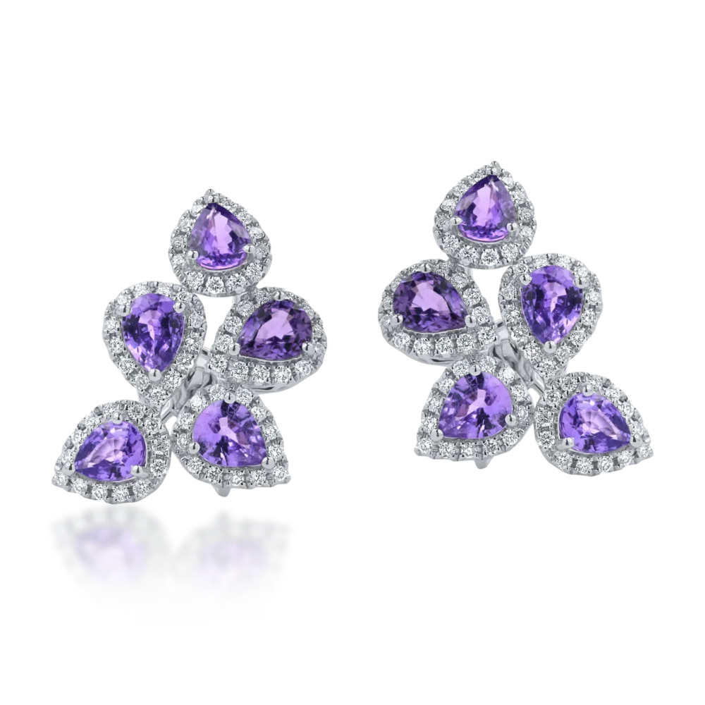 Cercei din aur alb cu safire violet pear si diamante round de 3.9ct - imagine 2