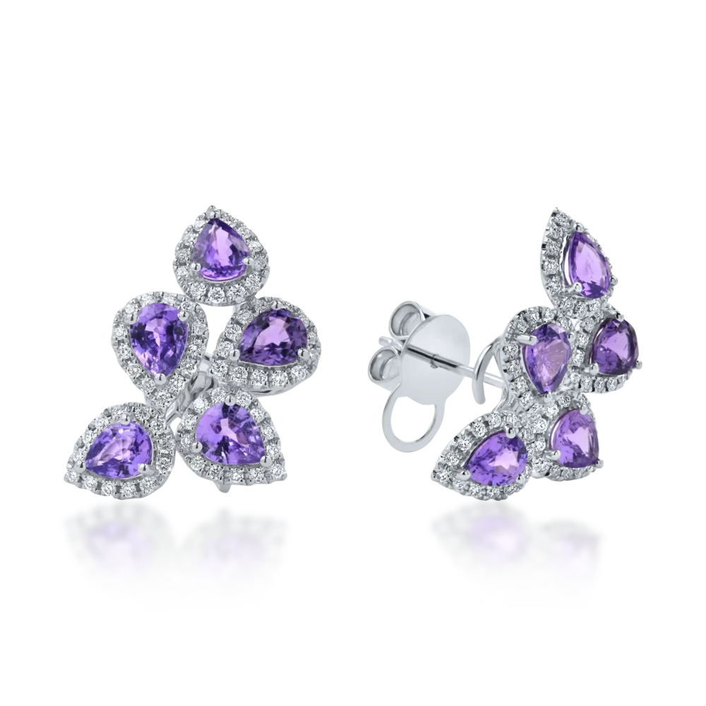 Cercei din aur alb cu safire violet pear si diamante round de 3.9ct