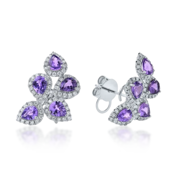 Cercei din aur alb cu safire violet pear si diamante round de 3.9ct