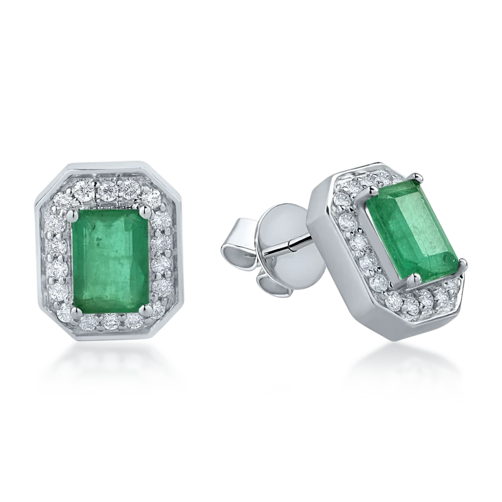 Cercei din aur alb cu smaralde rectangulare de 1.91ct si diamante de 0.39ct