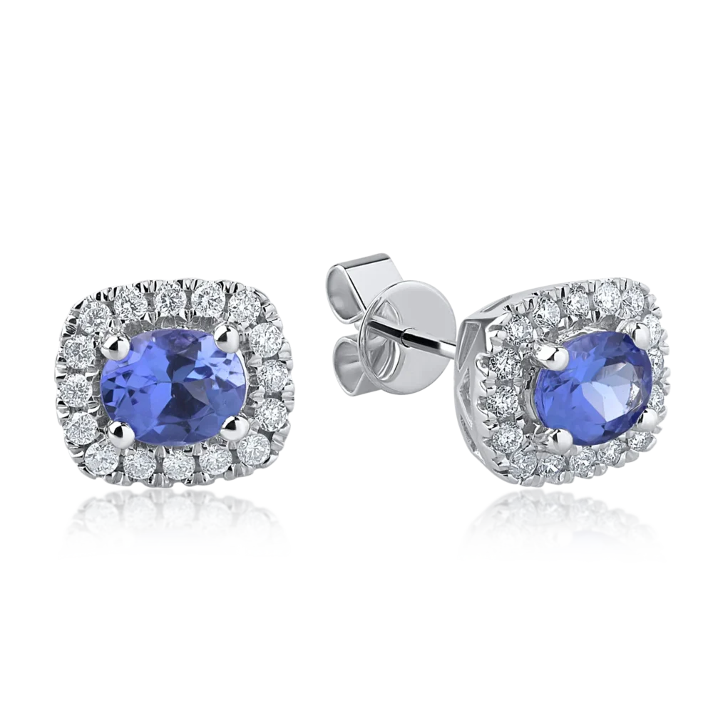 Cercei din aur alb cu tanzanite rectangulare de 0.8ct si diamante de 0.21ct