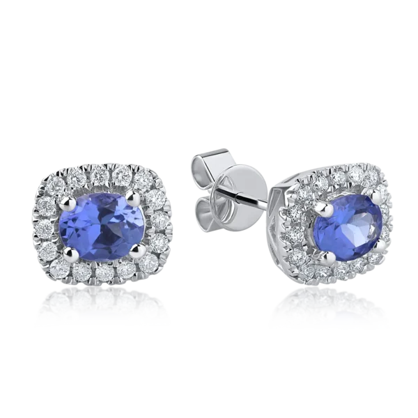 Cercei din aur alb cu tanzanite rectangulare de 0.8ct si diamante de 0.21ct
