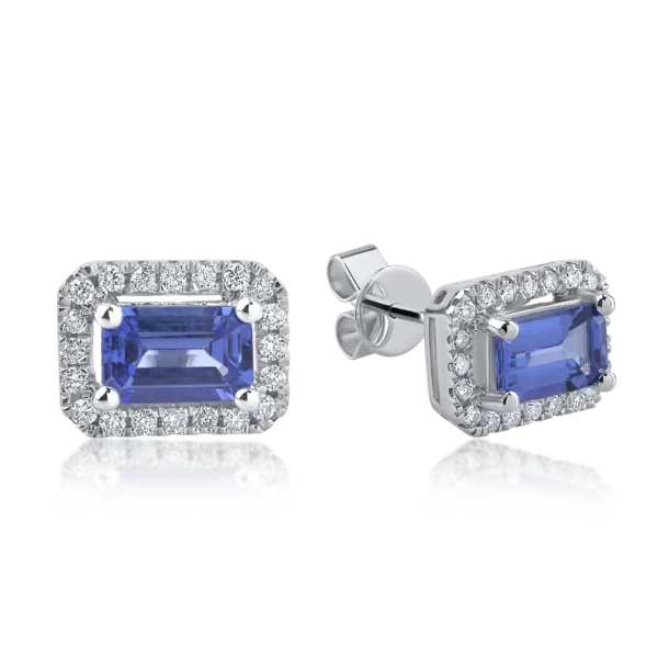 Cercei din aur alb cu tanzanite rectangulare de 1.26ct si diamante de 0.2ct