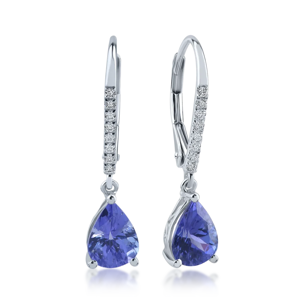 Cercei din aur alb cu tanzanite pear de 2.13ct si diamante de 0.12ct