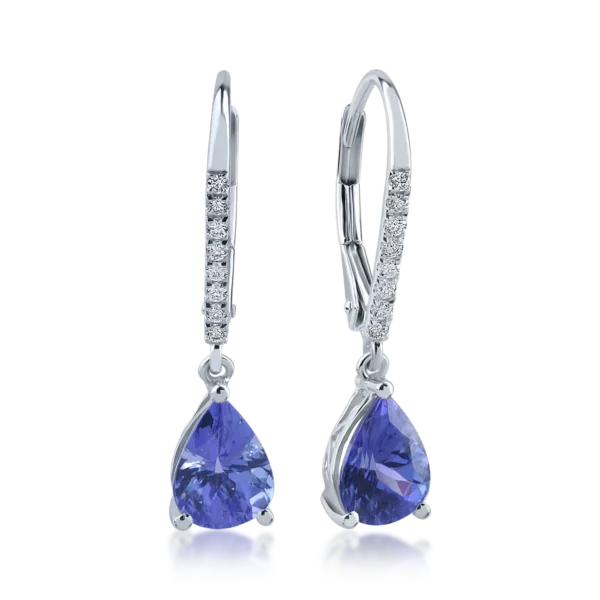 Cercei din aur alb cu tanzanite pear de 2.13ct si diamante de 0.12ct