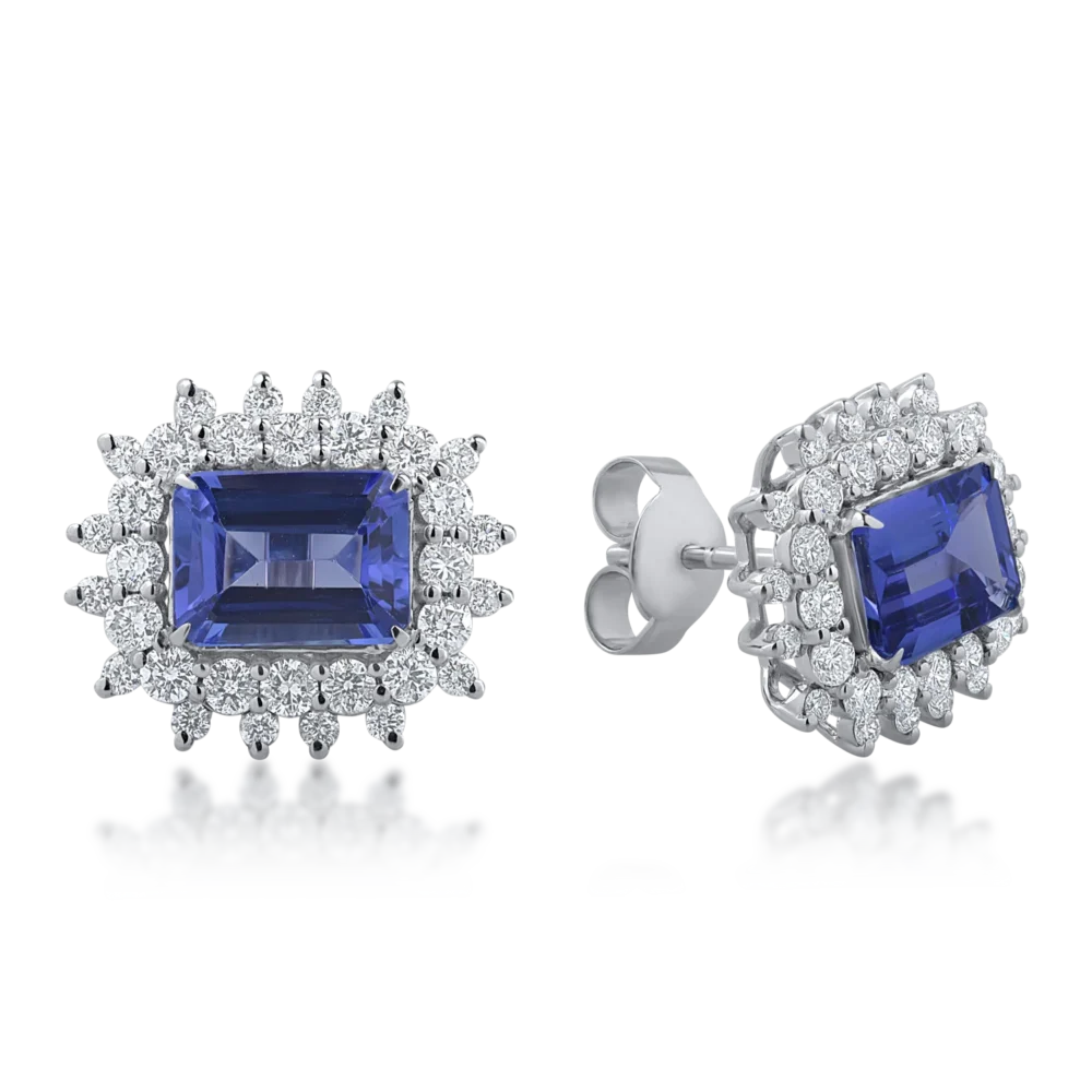 Cercei din aur alb cu tanzanite rectangulare de 3.31ct si diamante de 1.26ct