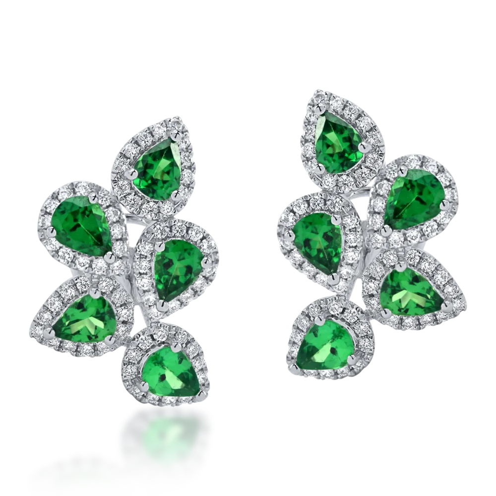 Cercei din aur alb cu tsavorite verzi pear de 1.4ct si diamante de 0.4ct - imagine 2