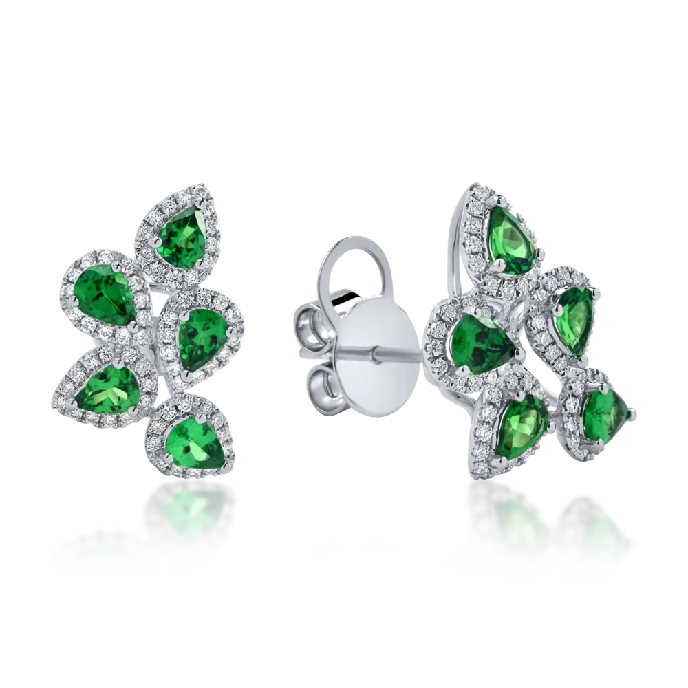 Cercei din aur alb cu tsavorite verzi pear de 1.4ct si diamante de 0.4ct