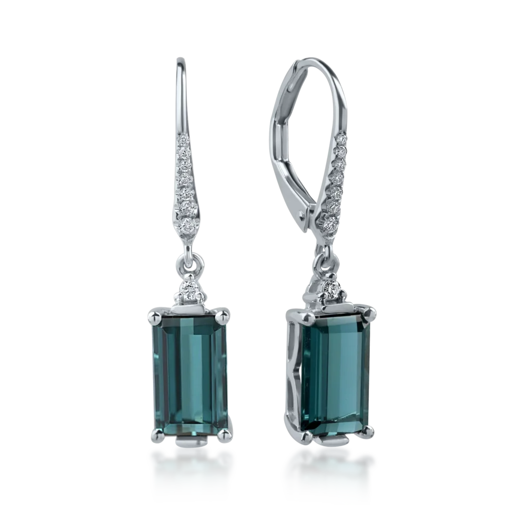 Cercei din aur alb cu turmaline rectangulare de 3.01ct si diamante de 0.08ct