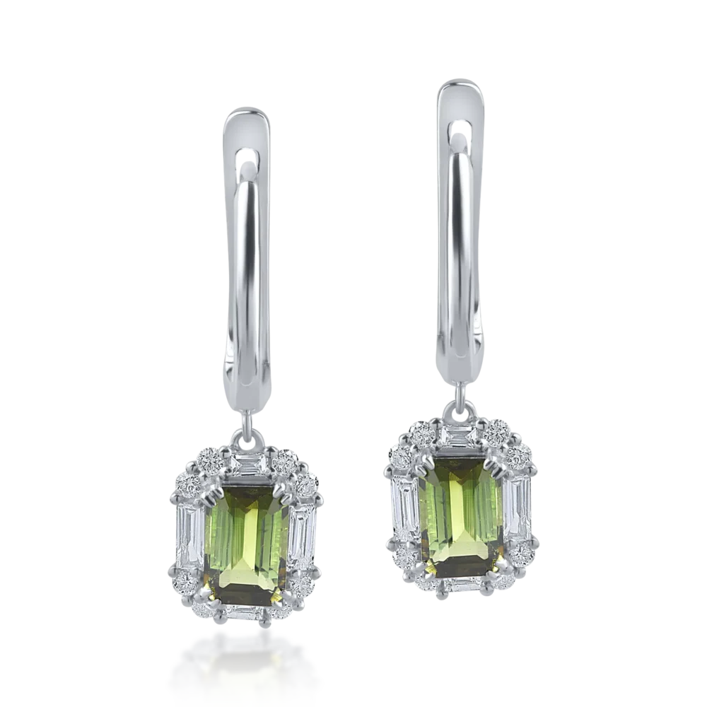 Cercei din aur alb cu turmaline verzi de 1.23ct si diamante baguette si rotunde de 0.39ct - imagine 2