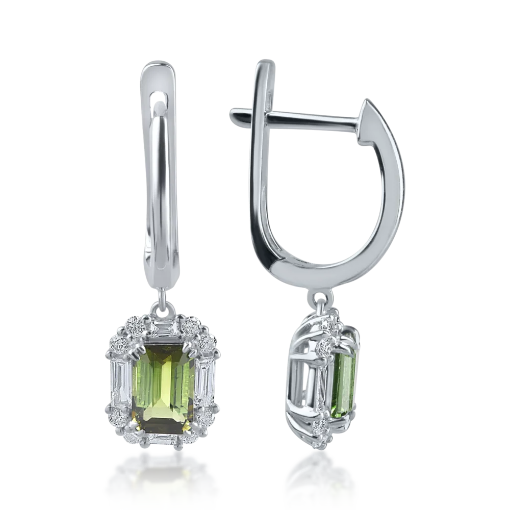 Cercei din aur alb cu turmaline verzi de 1.23ct si diamante baguette si rotunde de 0.39ct - imagine 3