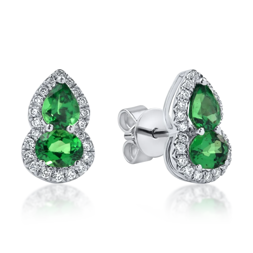 Cercei din aur alb cu tzavorite verzi ovale si pear si diamante de 1.8ct