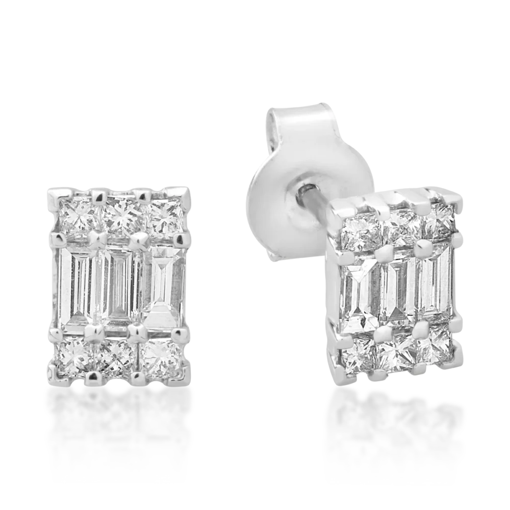 Cercei din aur alb cu diamante baguette si rotunde de 0.51ct