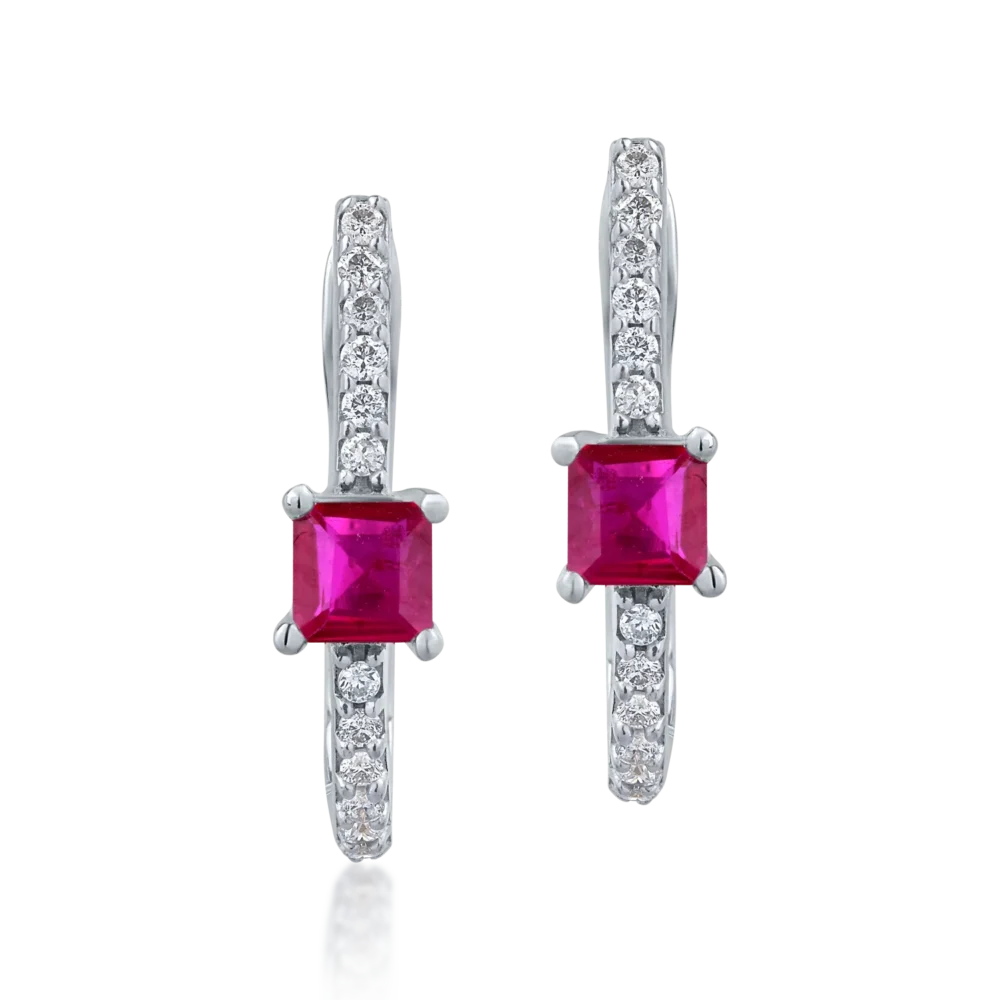 Cercei din aur alb cu rubine princess de 0.504ct si diamante de 0.129ct - imagine 2