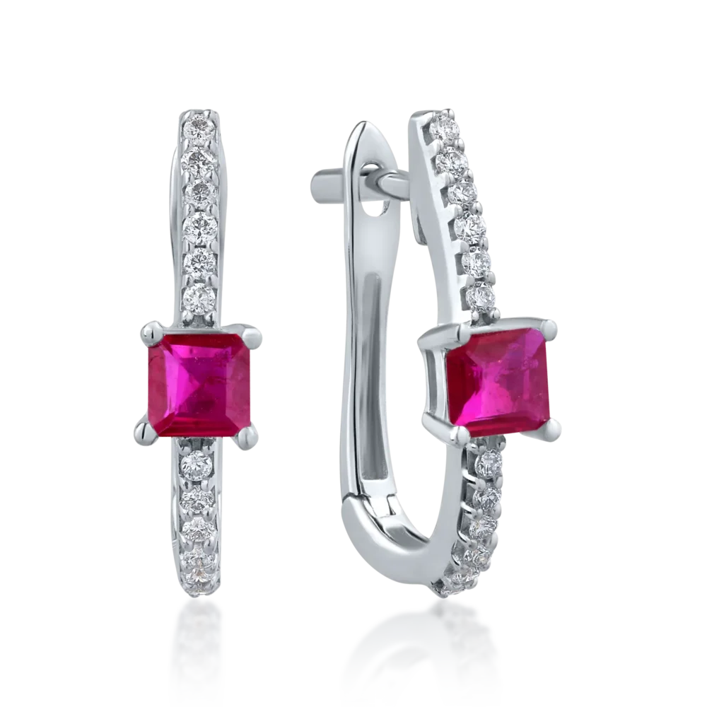 Cercei din aur alb cu rubine princess de 0.504ct si diamante de 0.129ct