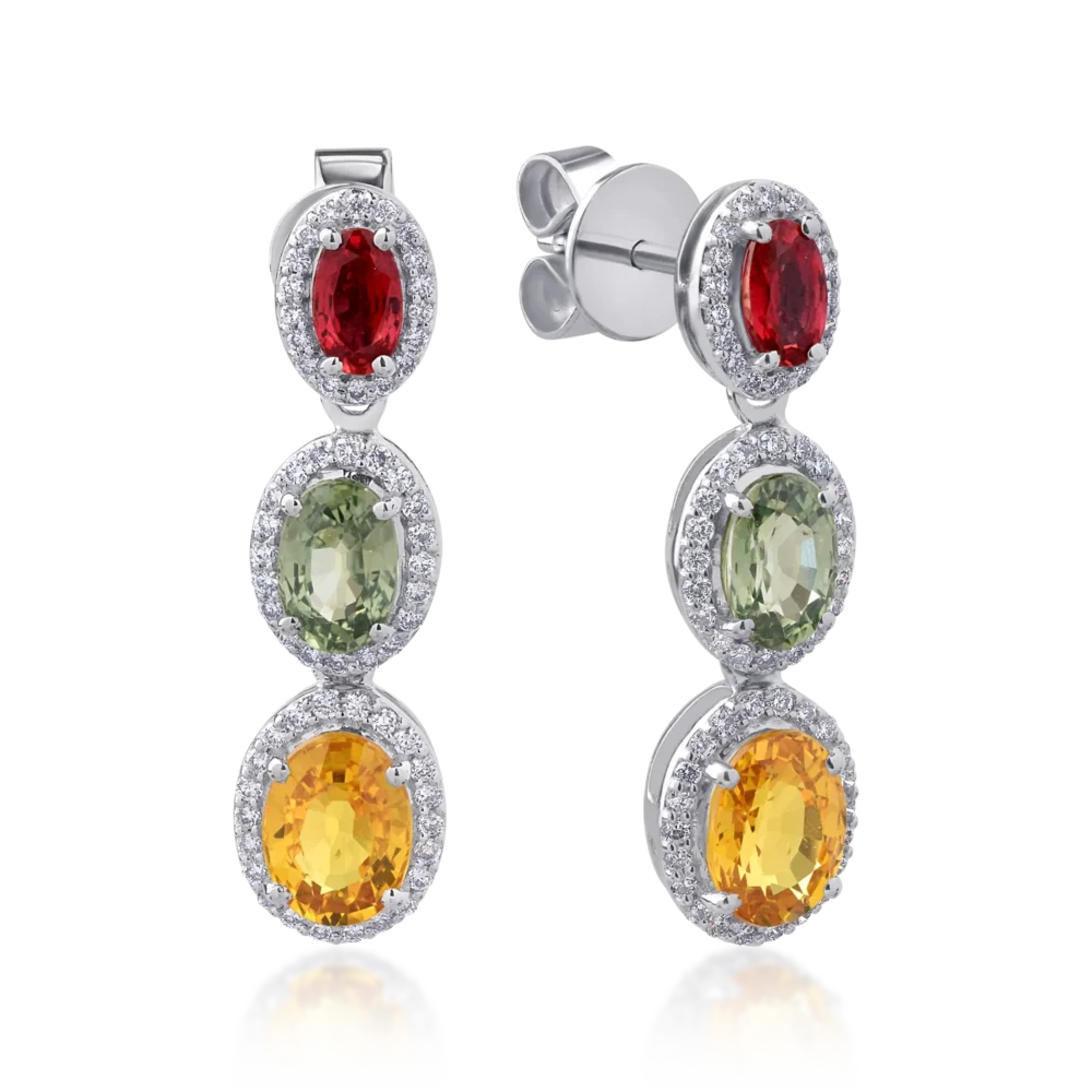 Cercei din aur alb cu safire multicolore ovale de 4.02ct si diamante de 0.39ct
