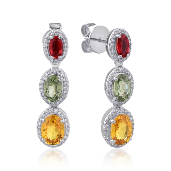 Cercei din aur alb cu safire multicolore ovale de 4.02ct si diamante de 0.39ct