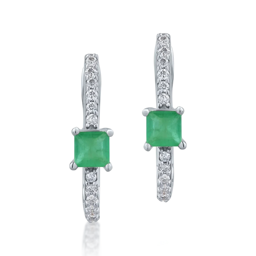 Cercei din aur alb cu smaralde princess de 0.347ct si diamante de 0.129ct - imagine 2