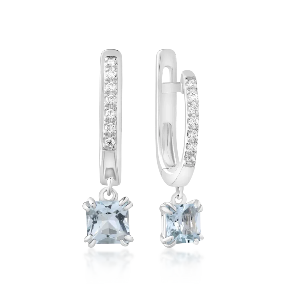 Cercei din aur alb cu acvamarine princess de 0.61ct si diamante de 0.05ct