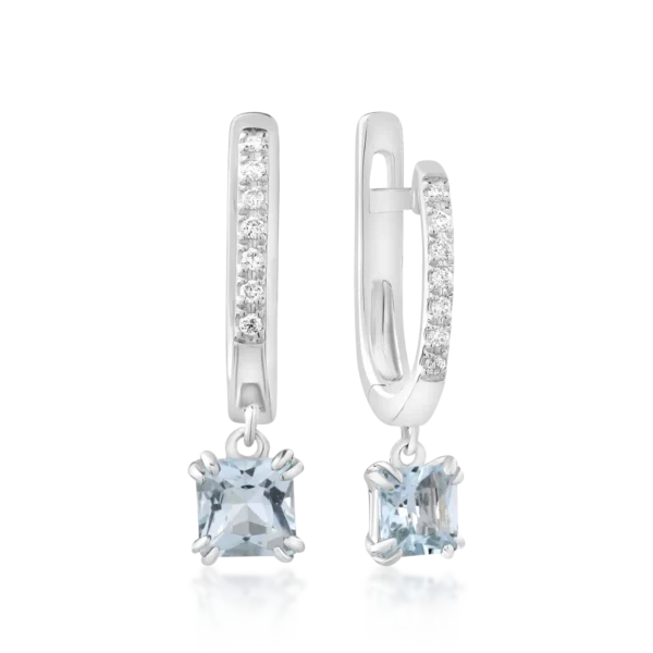Cercei din aur alb cu acvamarine princess de 0.61ct si diamante de 0.05ct