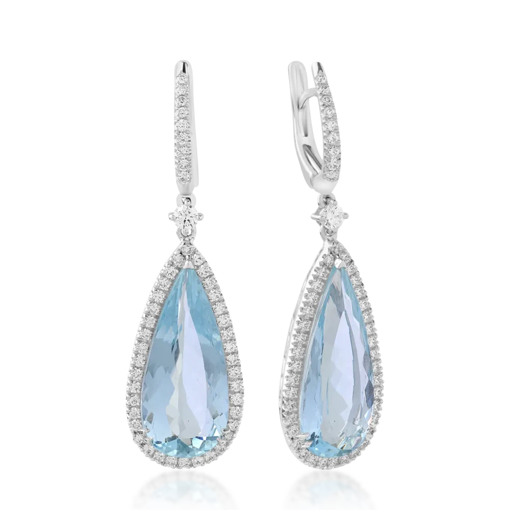 Cercei din aur alb cu acvamarine pear de 10.52ct si diamante round de 0.92ct