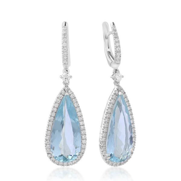 Cercei din aur alb cu acvamarine pear de 10.52ct si diamante round de 0.92ct