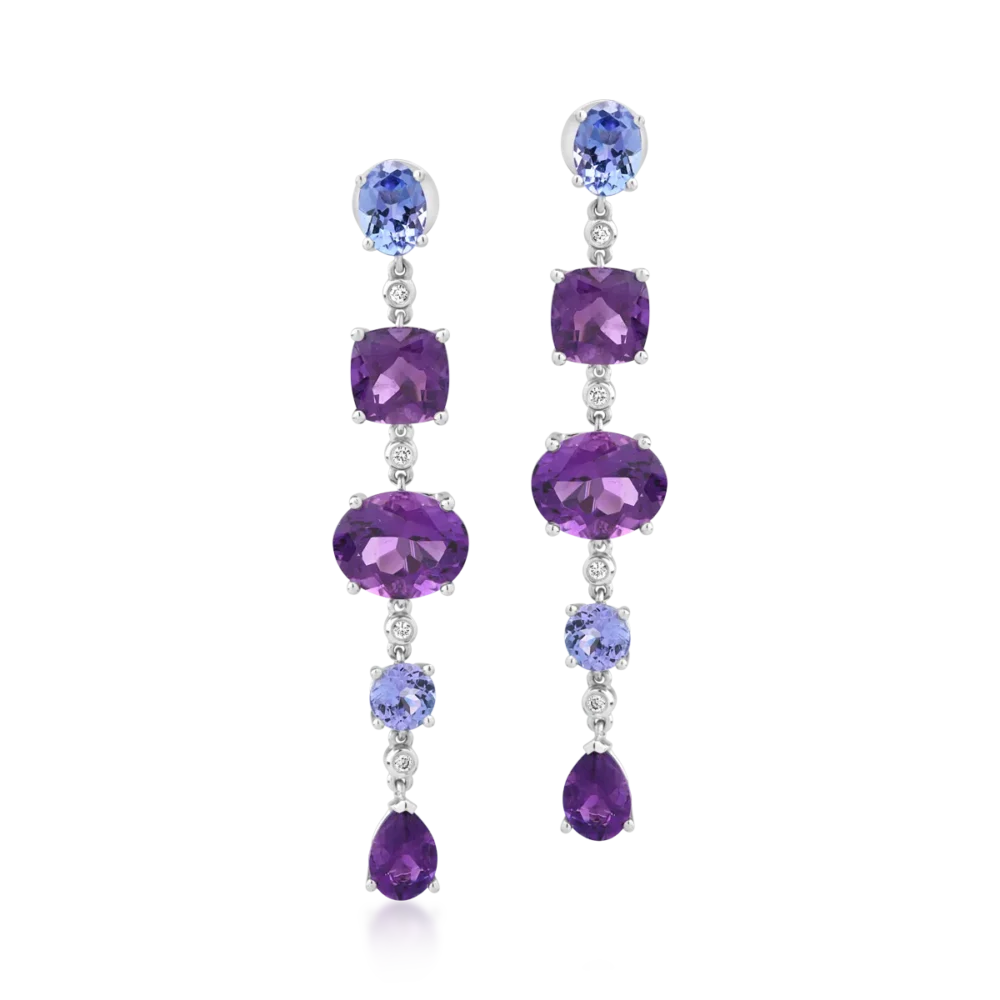 Cercei din aur alb cu ametiste ovale, pear si cushion de 8.2ct si tanzanite ovale si rotunde de1.7ct - imagine 2