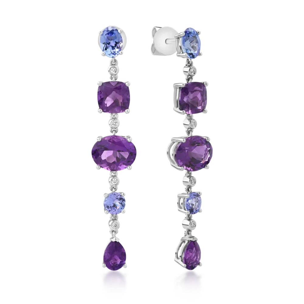 Cercei din aur alb cu ametiste ovale, pear si cushion de 8.2ct si tanzanite ovale si rotunde de1.7ct