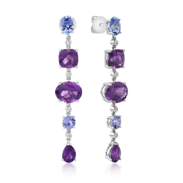 Cercei din aur alb cu ametiste ovale, pear si cushion de 8.2ct si tanzanite ovale si rotunde de1.7ct