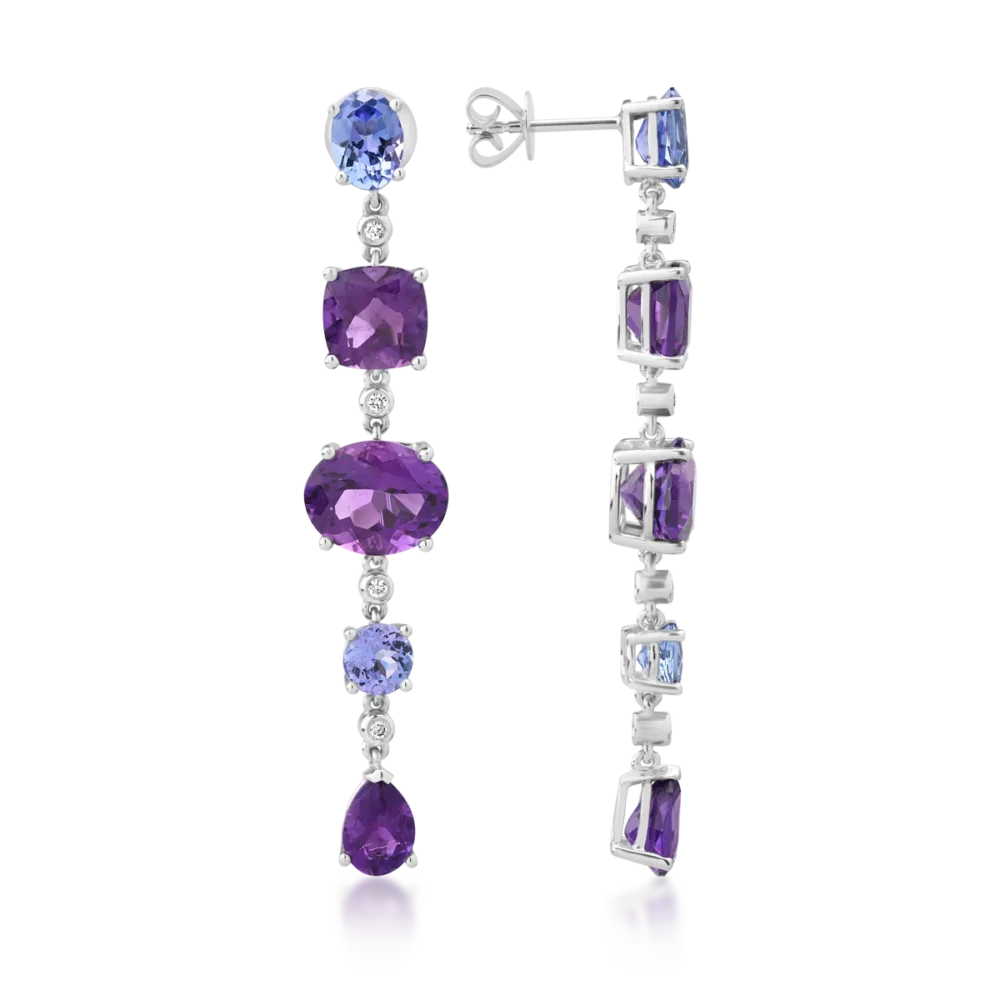 Cercei din aur alb cu ametiste ovale, pear si cushion de 8.2ct si tanzanite ovale si rotunde de1.7ct - imagine 3