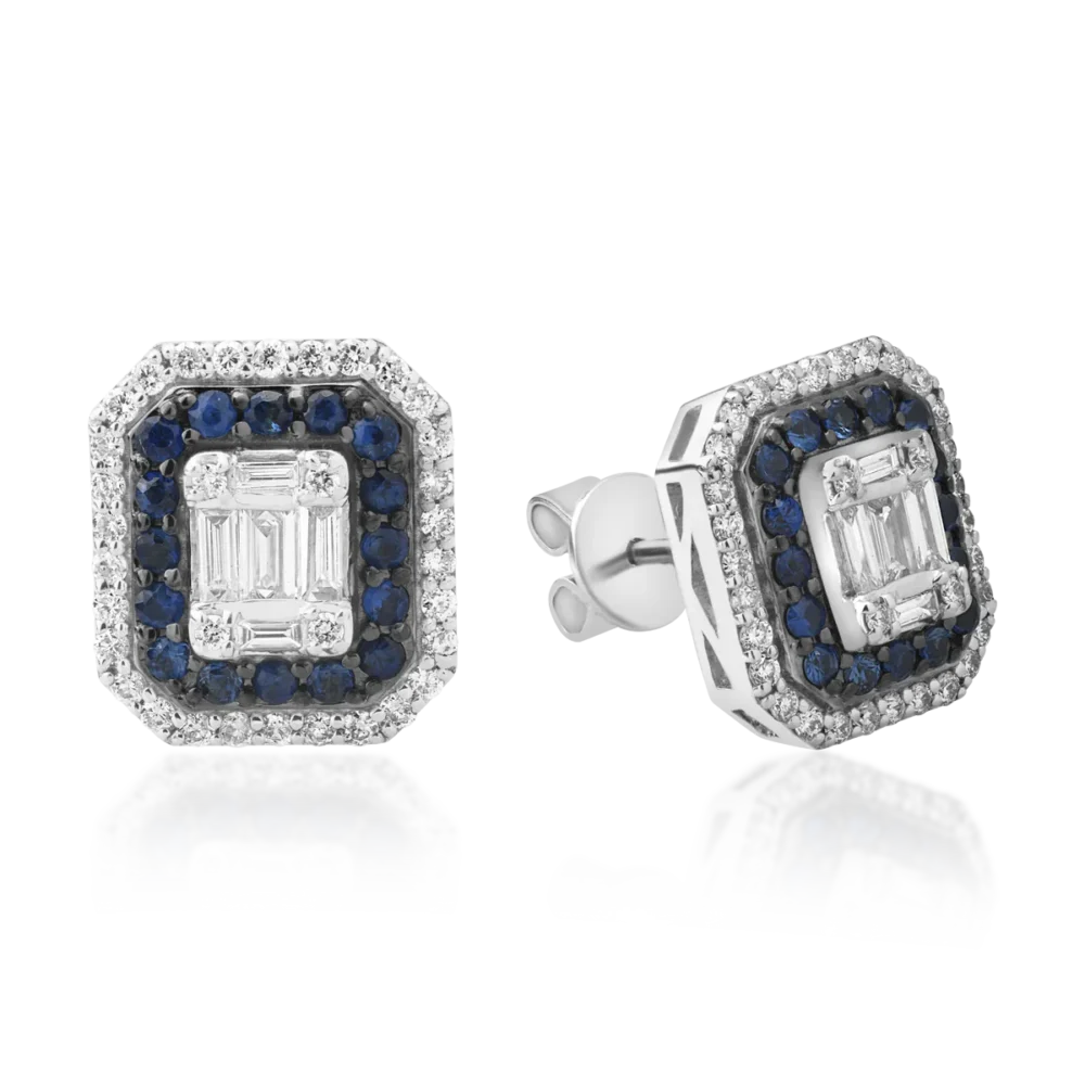 Cercei din aur alb cu diamante baguette si rotunde de 0.257ct si safire de 0.444ct